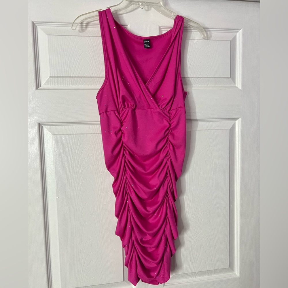 SHEIN Hot Pink Ruched Bodycon Mini Dress V-Neck Sleeveless